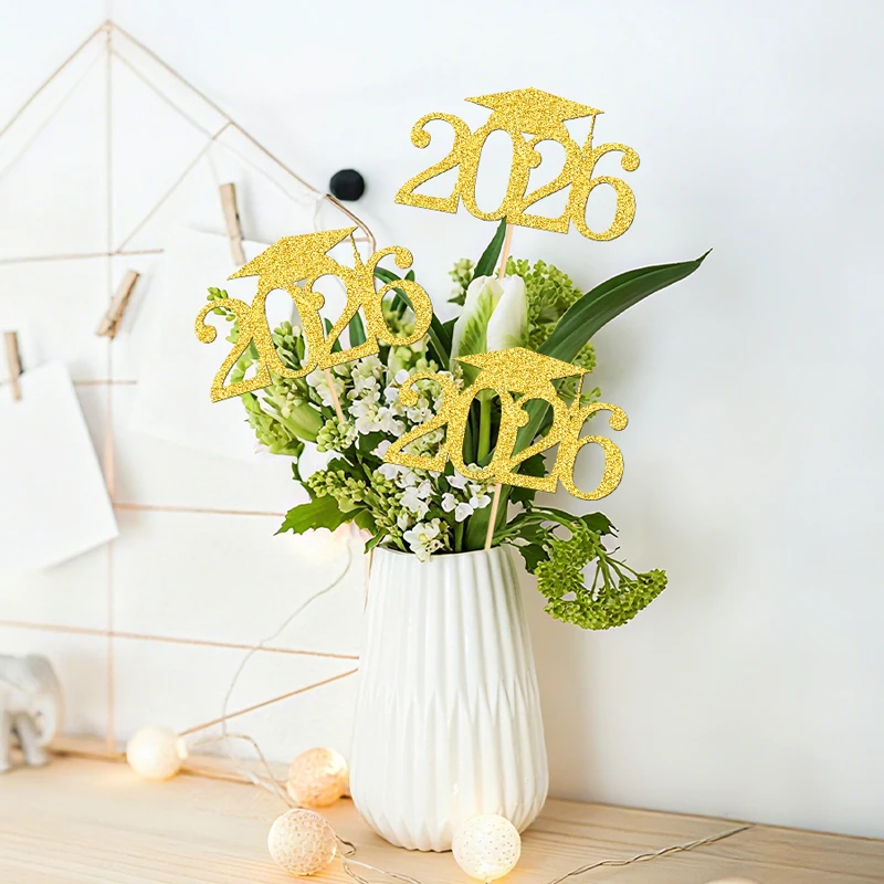 YOMDID 10 Stück 2026 Cupcake-Topper für den Abschluss, glitzernde Cupcake-Topper für 2026-Abschlusskappen mit langen Mittelstücken, Sticks – Detail 9