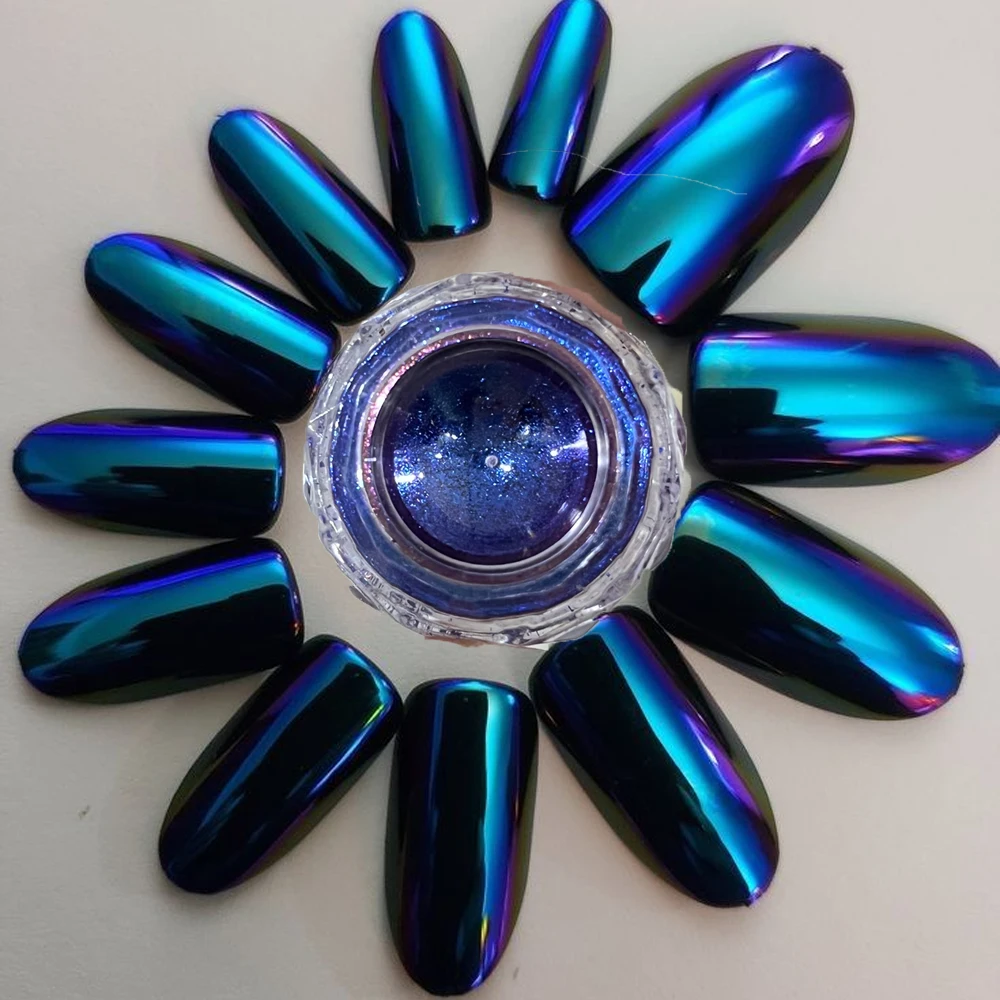 1 tarro de polvo metálico de ópalo de doble Color para uñas, sombra de ojos iridiscente Aurora azul-púrpura/escamas para decoración de uñas, polvo de espejo para uñas DIY