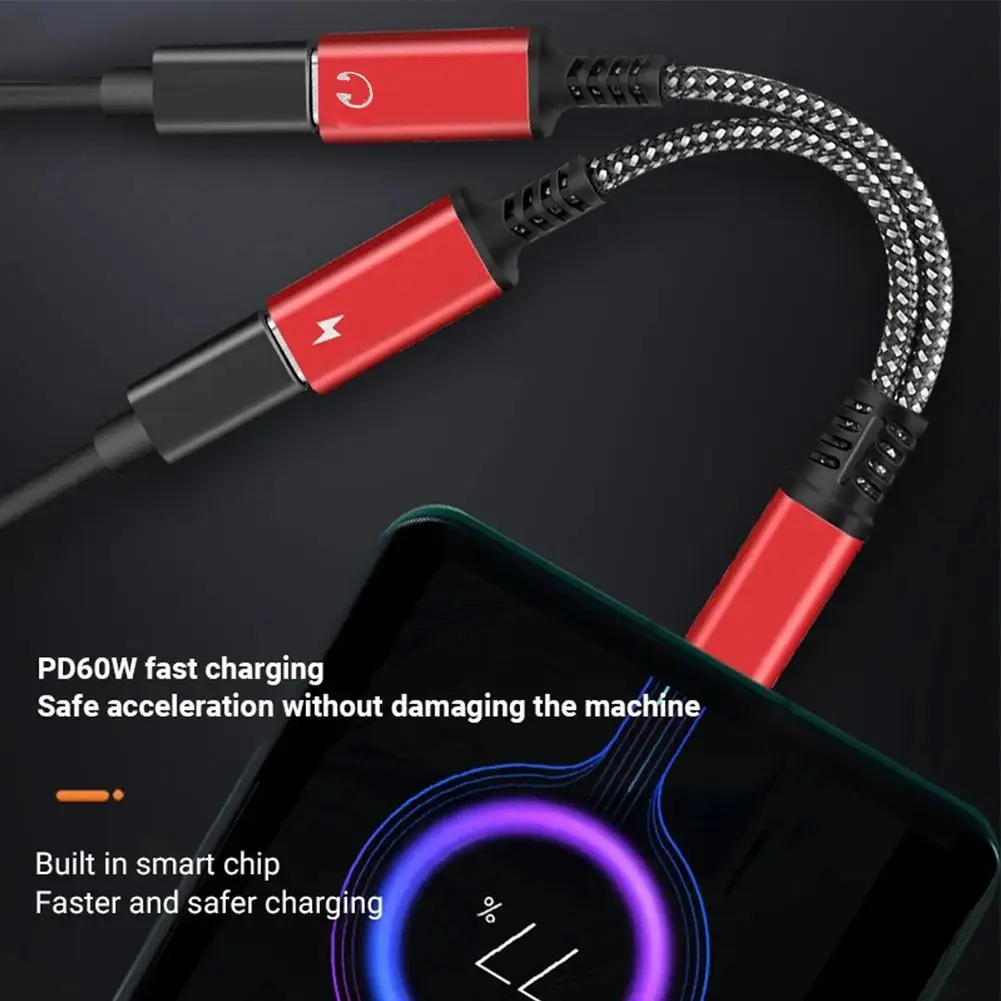 2 in 1 60w Type C Splitter to Dual Type USB C Headphone Jack Audio Adapter Fast Charging for Samsung iPhone 