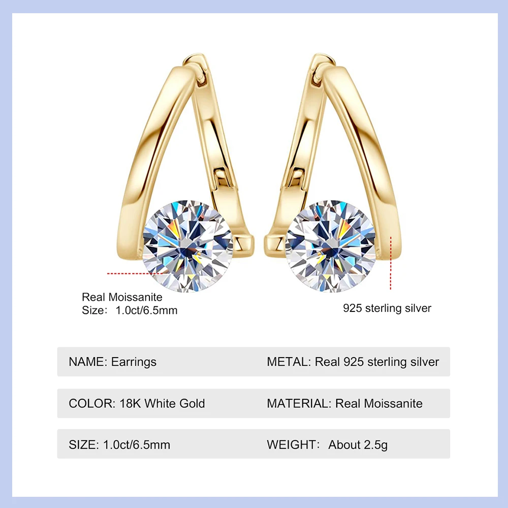 1 Carat Classic Gold Moissanite Hoop Earrings 925 Silver D Color Sparkling Diamond Stud Earring For Women Girl Birthday Gifts