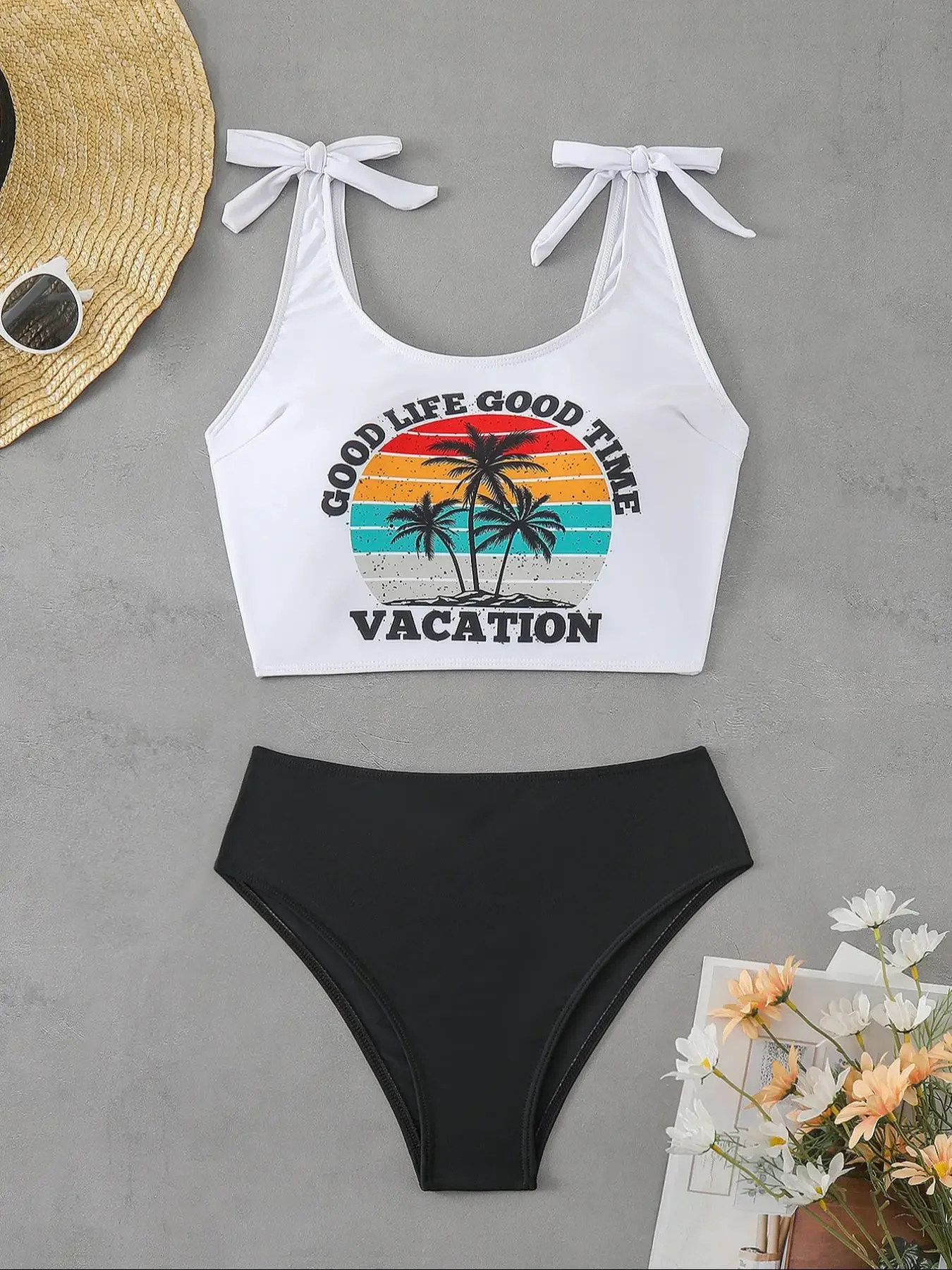 

Сексуальный комплект бикини с принтом кокосовой пальмы, 2025 г., женский укороченный топ с завязками на бретельках, пуш-ап, купальник с высокой талией, пляжный купальный костюм, купальник из 2 предметов