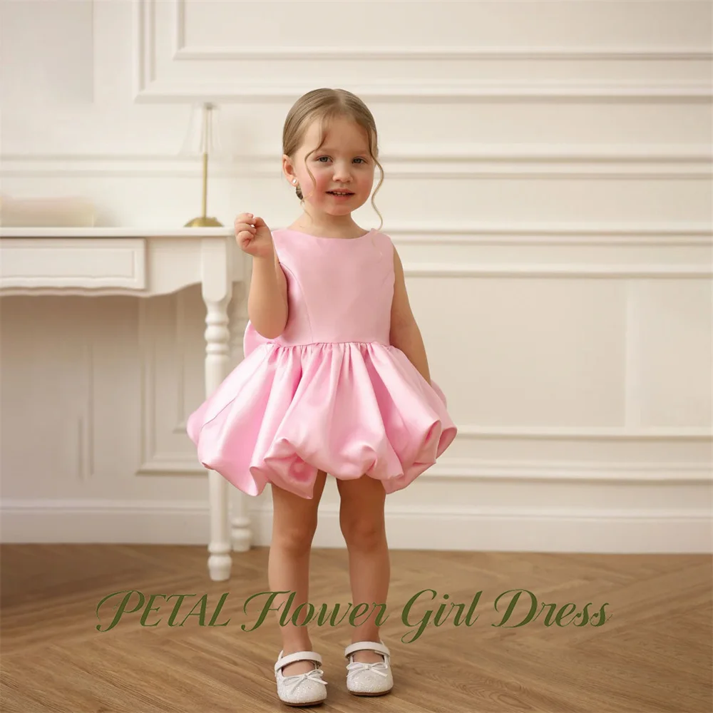 Petal Blush Pink Flower Girl Dress Round Neck Oversized Bow Kids Birthday Party Dress with Wide Straps Tutu Fluffy Prom Gown