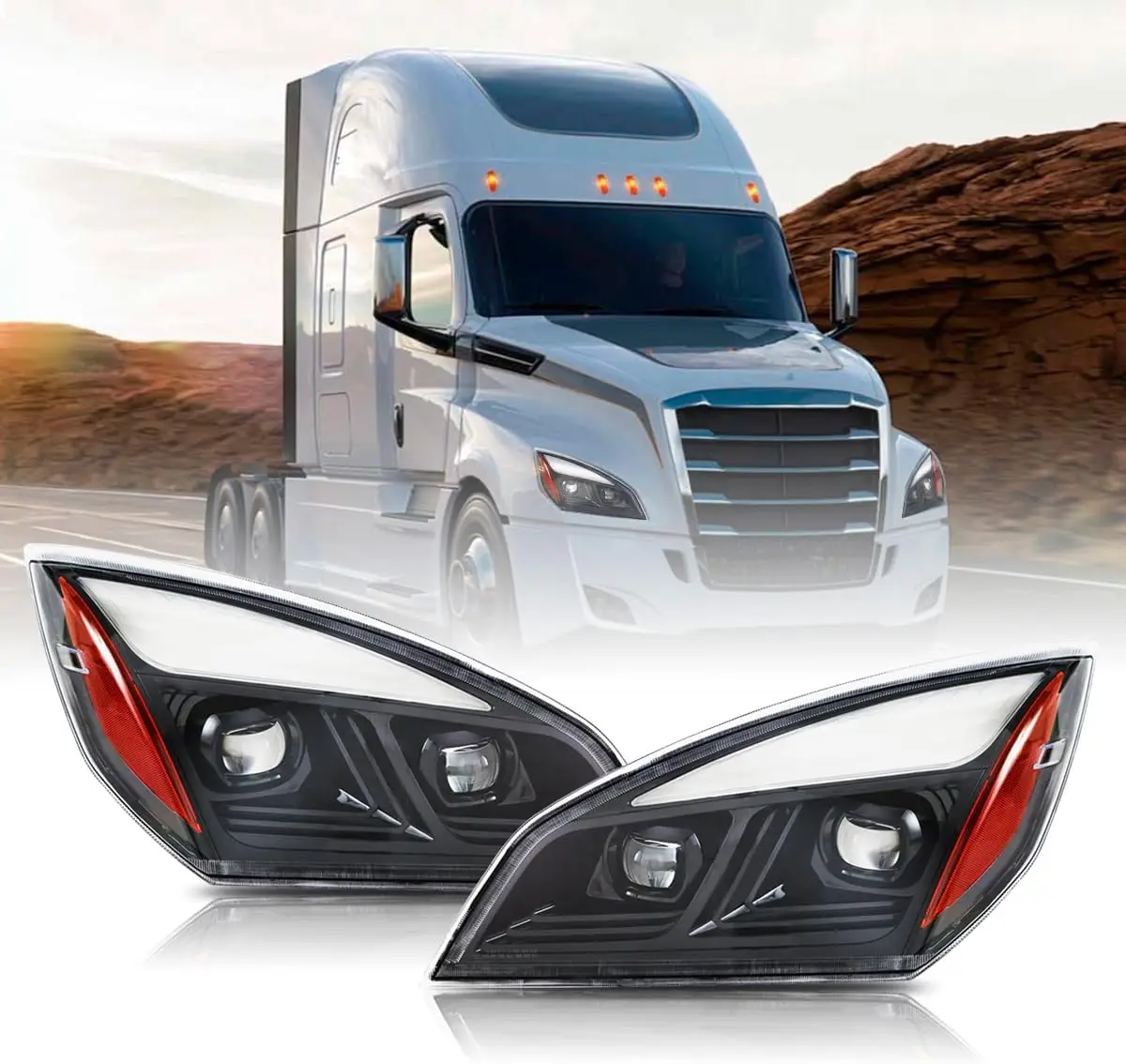 Freightliner Headlights  2018-2024,Replacement Headlamp DOT and SAE Approved (Lens Black, Pair Set)