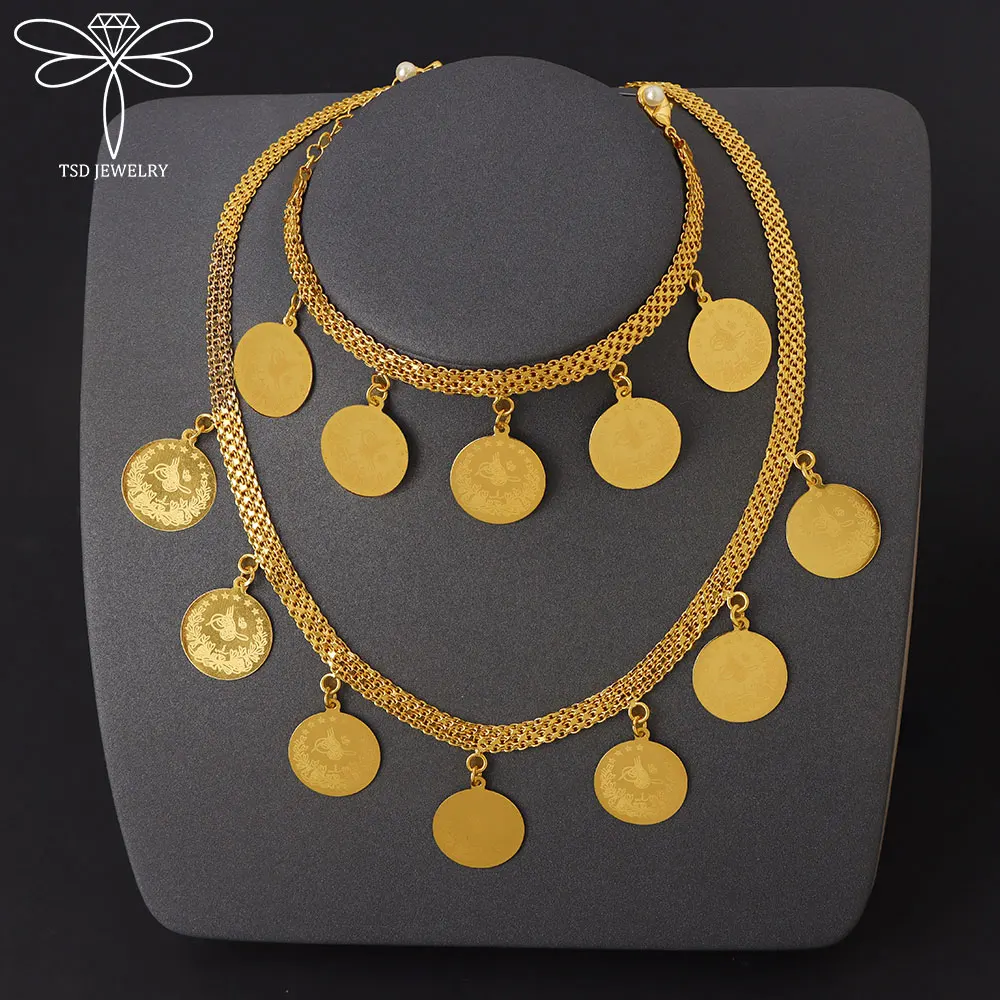 

Arabic Bridal Wedding Jewelry 21k Gold Plated Turkish Coins Necklace Bracelet Set Nigeria Women Vintage Party Jewelrys