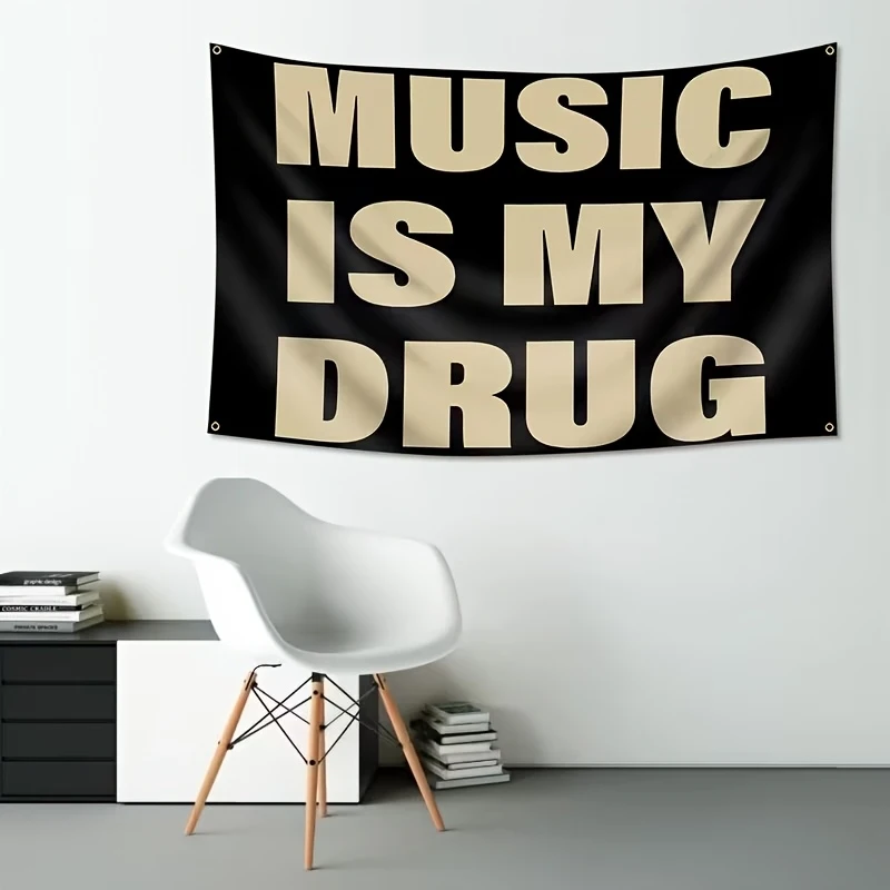 VIKAMA Wandteppich mit Aufschrift „MUSIC IS MY DRUG“, Retro-Wandbehang mit amerikanischem Musik-Slogan für Bar, Wohnzimmer, Schlafzimmer, Dekoration