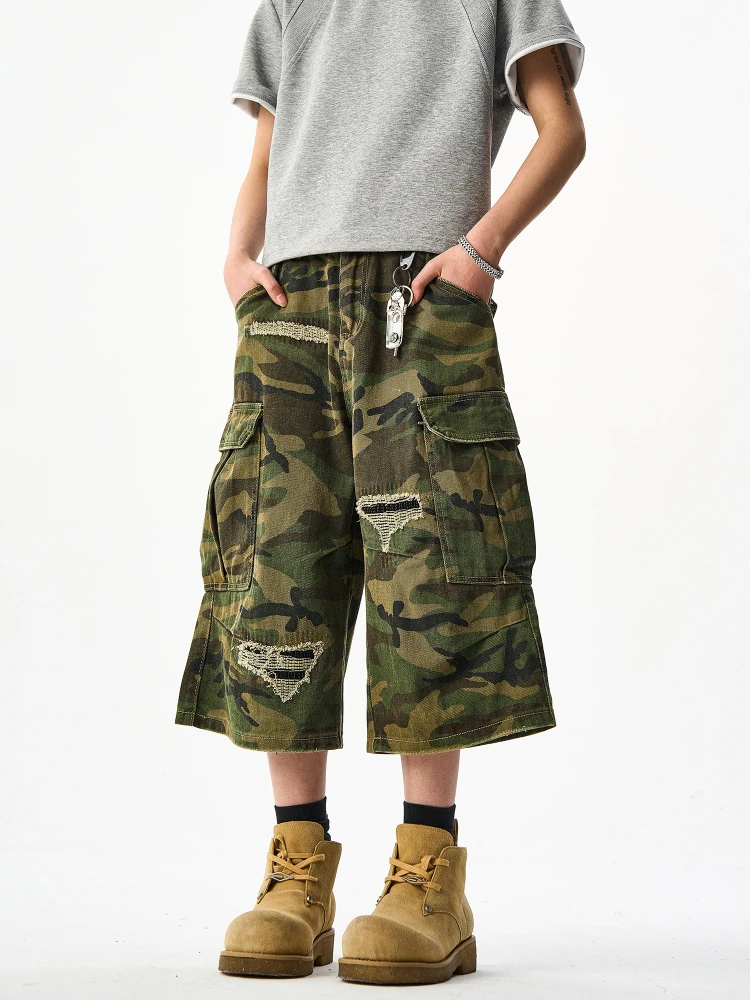 

American High Street Vibe Camouflage Ripped Workwear Shorts Loose Summer Retro Cool Wide Leg Seven-Foot Pants Unisex