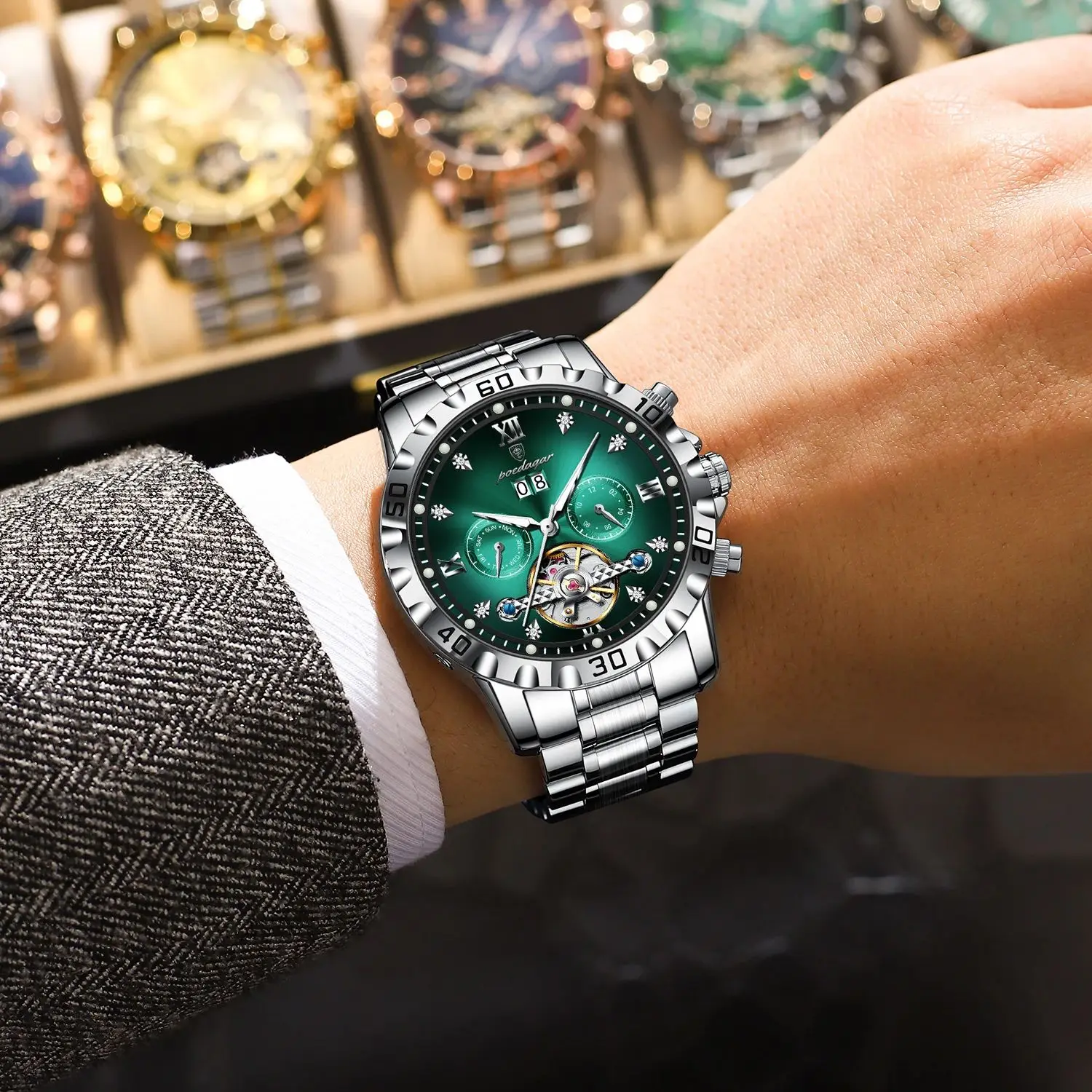 POEDAGAR Fashion Luxury Men Watch Automatic Date Week Man Wristwatch Hollow Tourbillon Mechanical Stainless Steel Men's Watches - view 5