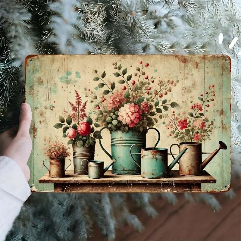 

Vintage Floral Metal Tin SignColorful Botanical Art, Rustic Watering Can Design, Wall Decor for Home, Perfect for Room Decor