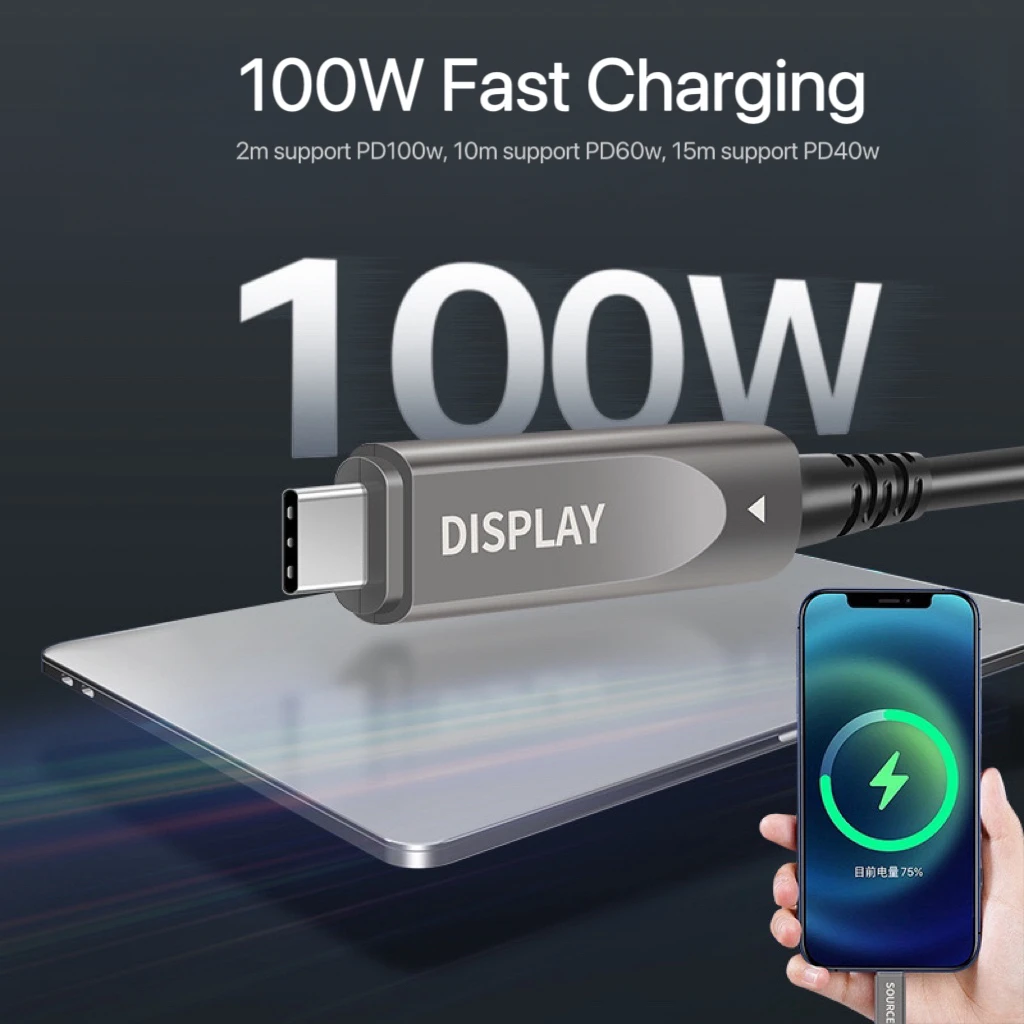 1m 10m 15m USB3.2 AOC Dual Type-C PD100W Fast Charging 10Gbps 8K High Speed Fiber Optic Cable Full Function