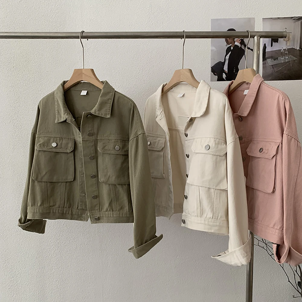 

Retro Washed Solid Denim Jackets for Women Spring Autumn Thin Single Breasted Pockets Casual Coats Loose Jean Tops Outerwears