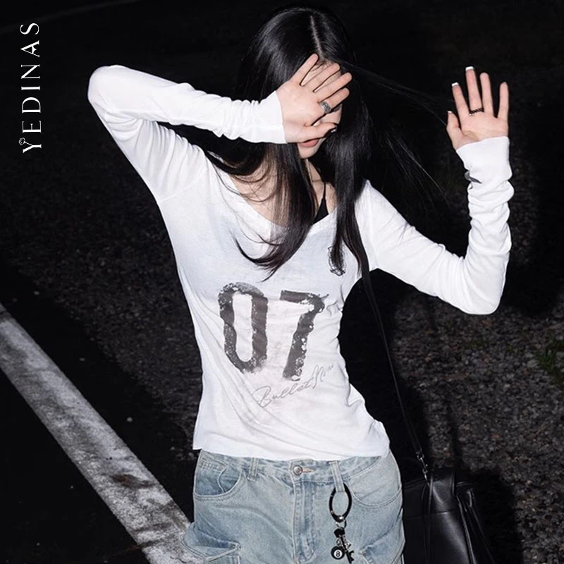 

Yedinas Streetwear Print Letter Graphic Tee Female Clothing Long Sleeve Women's T-shirt Korean Fashion Autumn Tops Chic Goth