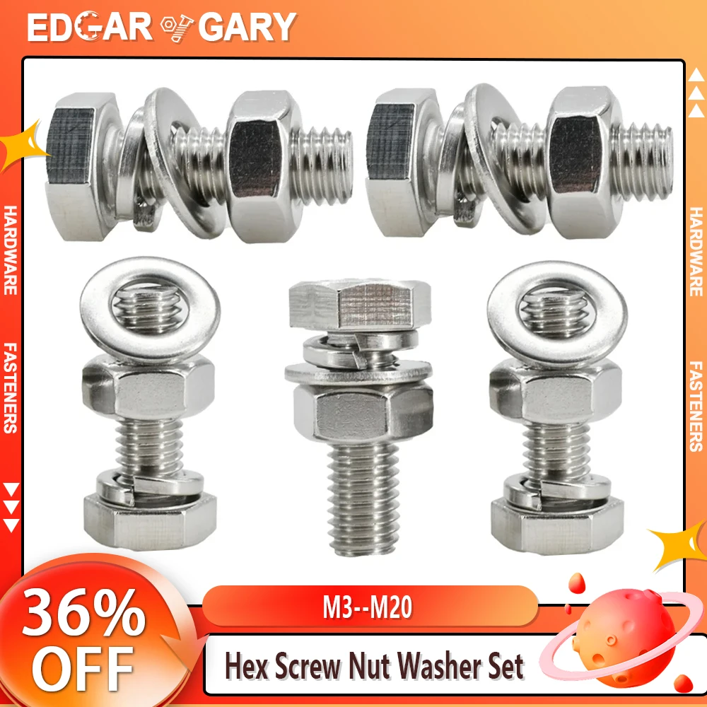 304 Stainless Steel Hexagonal Screw Nut Washer Set External Hex Bolt Nuts Gasket Kit Metalworking M3 M4 M5 M6 M8 M10 M12 M16 M20