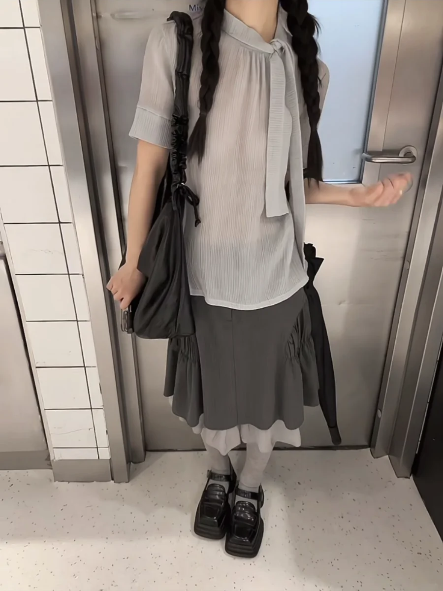 Korean Style Heavy Stitching Grey Asymmetrical Hem A-Line  Skirt Women's Casual Spring Slimming High Waist Skirt
