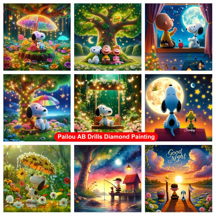 

Fantasy Snoopy Under Trees And Flowers Scenery AB Drills Diamond Painting Kits Cute Cartoon Dog Cros Stitch Home Decor Gift