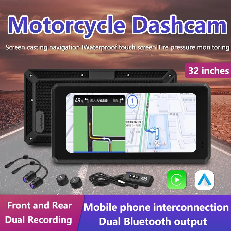 

32 inches Motorcycle DVR Wireless Apple Carplay Android-Auto Dash Cam Front Rear Driving Video Recorder Night Vision Black Box