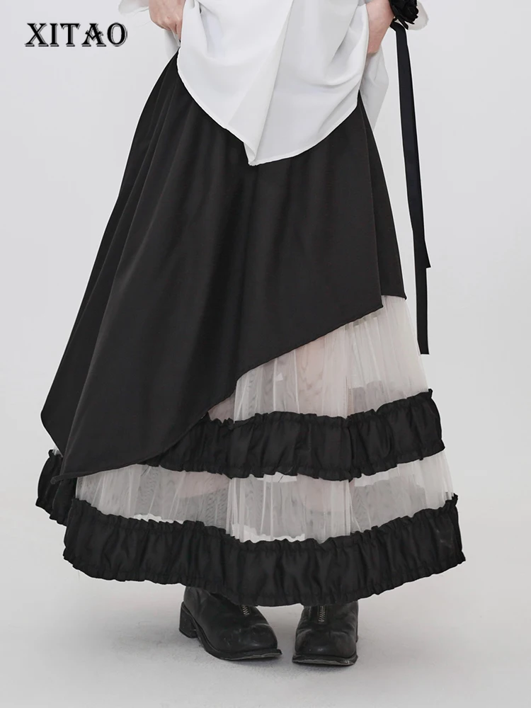 

XITAO марлевая лоскутная асимметричная юбка контрастного цвета с эластичной резинкой на талии, свободная повседневная темпераментная утягивающая юбка трапециевидной формы ZMY1352