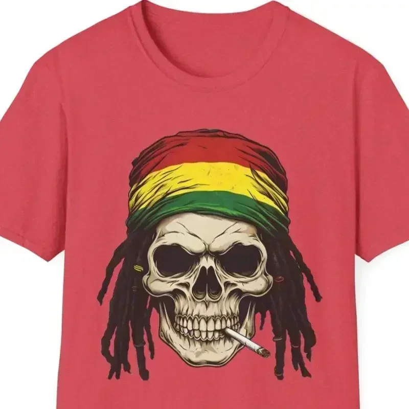 Braided Skull w Rasta Headband T shirt Reggae Music for Him Her
