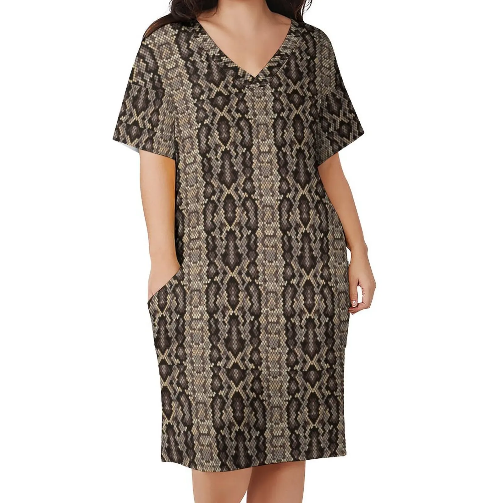 Faux Brown Snakeskin Casual Dress Summer Animal Print Stylish Dresses Ladies V Neck Custom Streetwear Dress Large Size