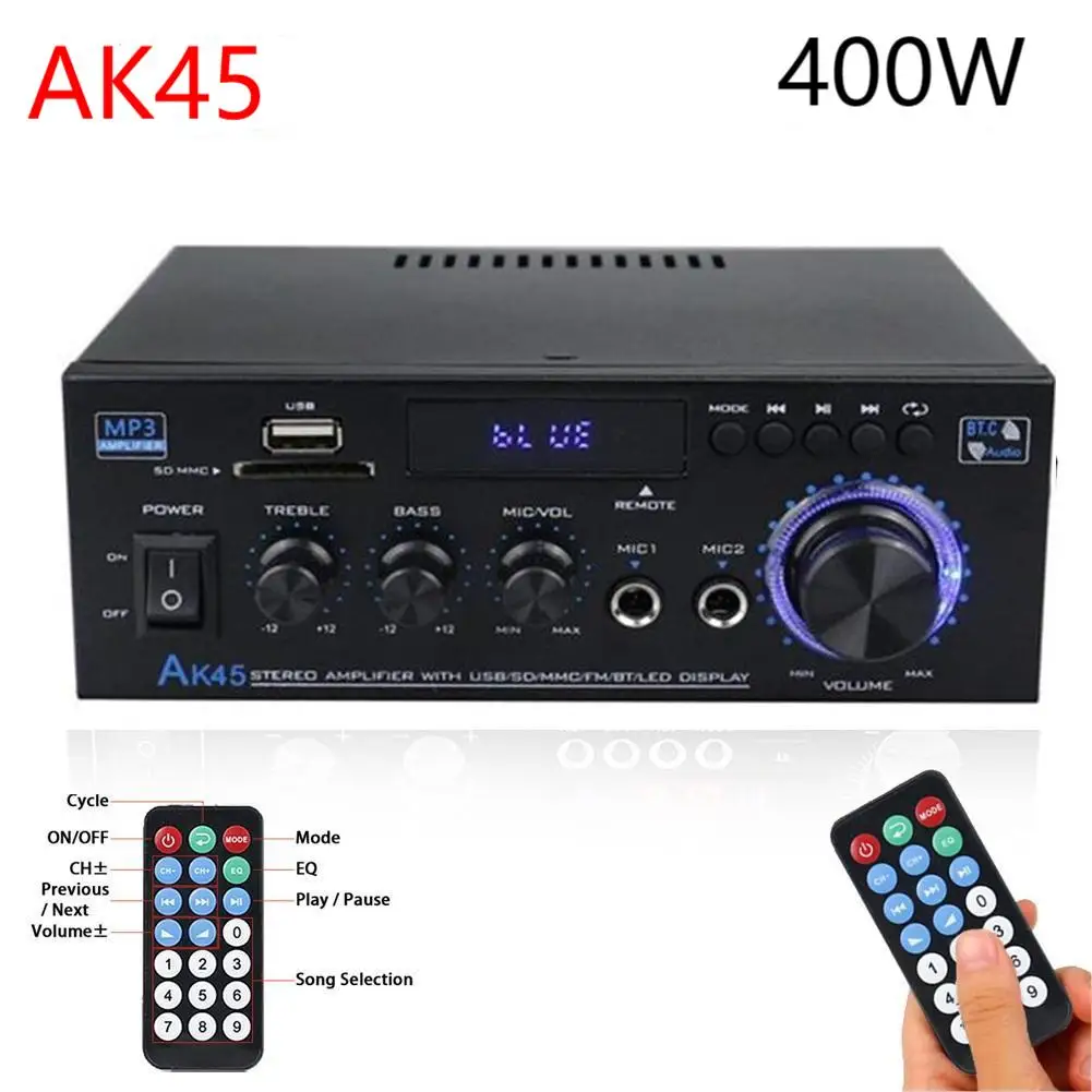 AK45 800W Home Car Power Amplifier 2 Channel Bluetooth 5.0 Audio Digital Amplifier FM USB Remote Control HIFI Stereo Subwoofer