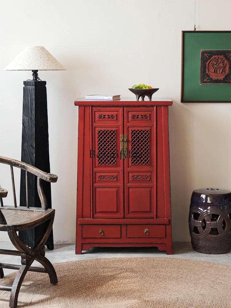 

Solid wood side cabinet hollow carved Chinese decorative display cabinet