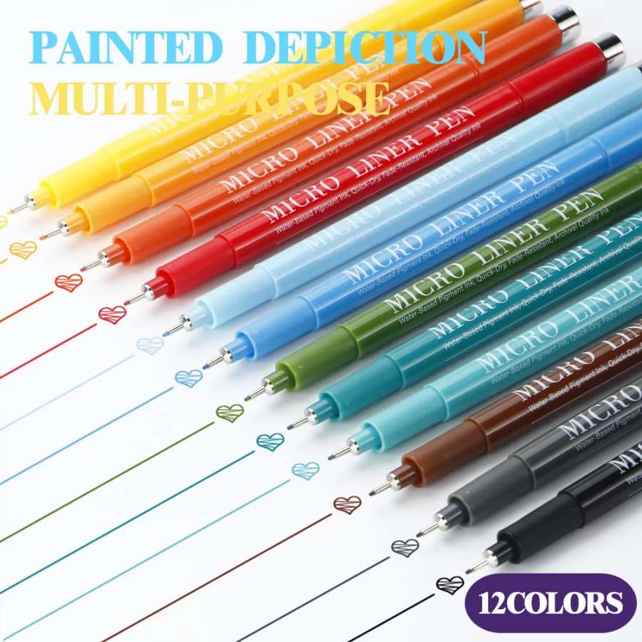 12 Colors Micron Needle Pens Quick-dry Ink 0.5mm Hook Fineliner Pen for Handbook Writing Drawing Sketch Colouring Art Stationery