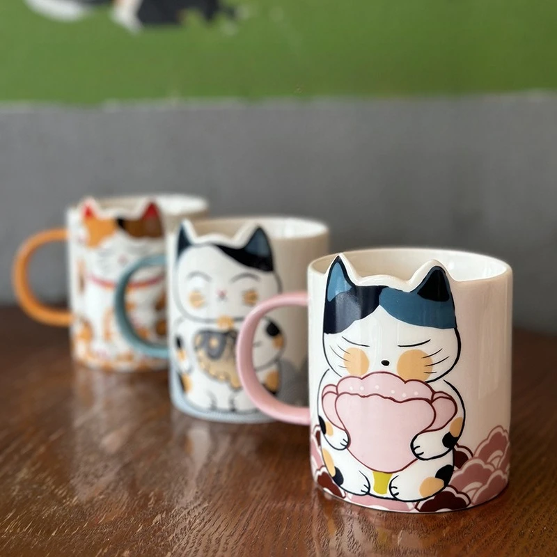 

Керамическая кружка Lucky Cat, милая мультяшная кофейная чашка для женщин, пара, простой дизайн