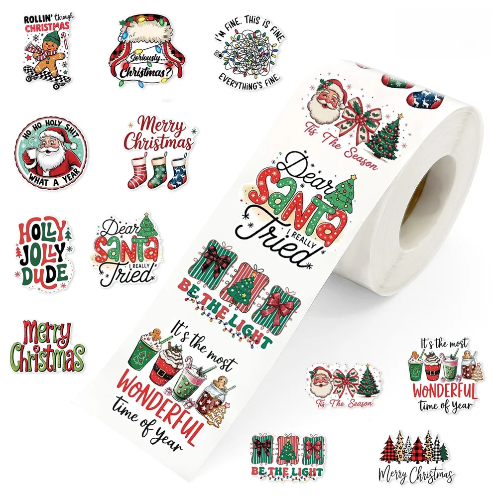 Stickers Featuring Festive Christmas Characters and Golden Bow Bells for Cards Journals and Holiday Decorations