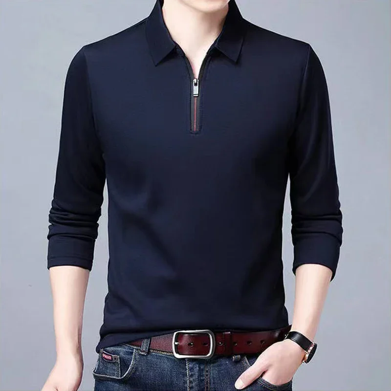 New Autumn Men's Polo Shirt Lapel Long Sleeved Men's Social Shirt Zipper Fashion Mens Polo Shirt Casual Blouse Men's Clothing