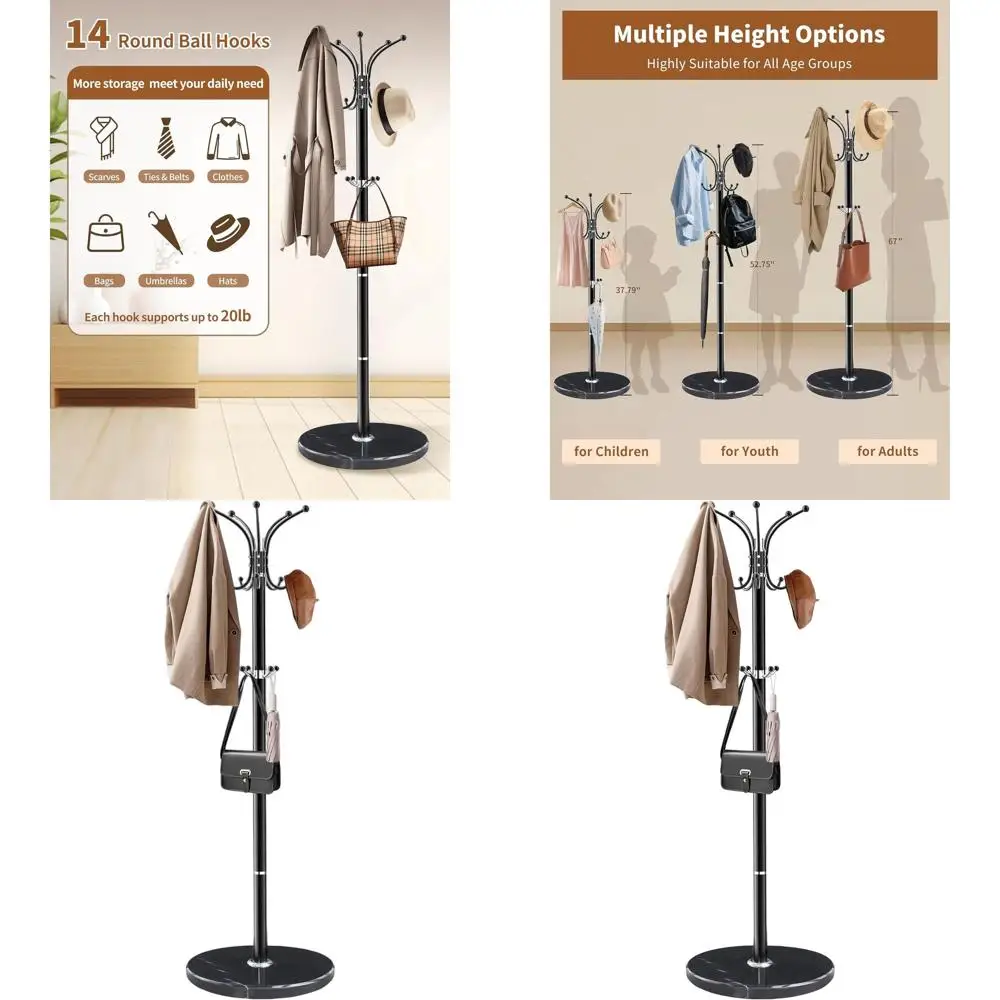 

Marble Base 360° Swivel Coat Rack with 14 Hooks for Entryway, Office, and Accessories Storage