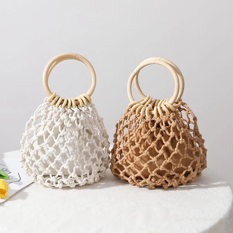 

Women's Straw Handbag 2025 New Handmade Woven Handbag with Openwork Design Small Beach Vacation Net Pattern Beach Bag