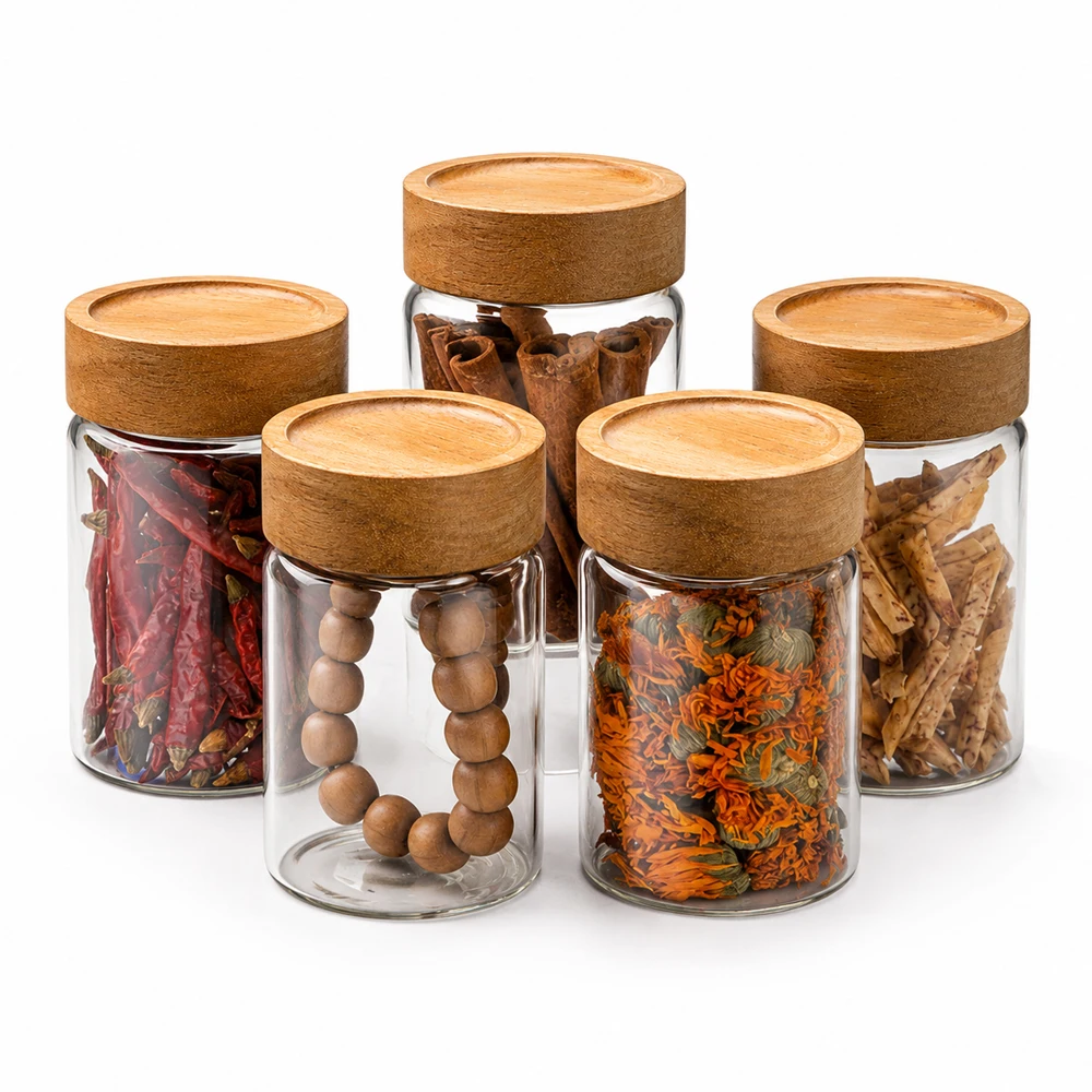 Glass Food Storage Jars with Screw Airtight Seal Acacia Wood Lids,Spice Jars with Lids, Organization for Jars Bottles Containers