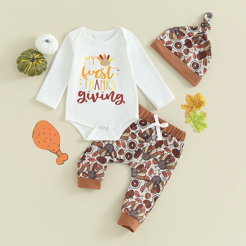 

Baby Boys Thanksgiving Outfit Black Long Sleeve Turkey Print Romper Pants Hat Sets Cute Fall Clothes for Infants