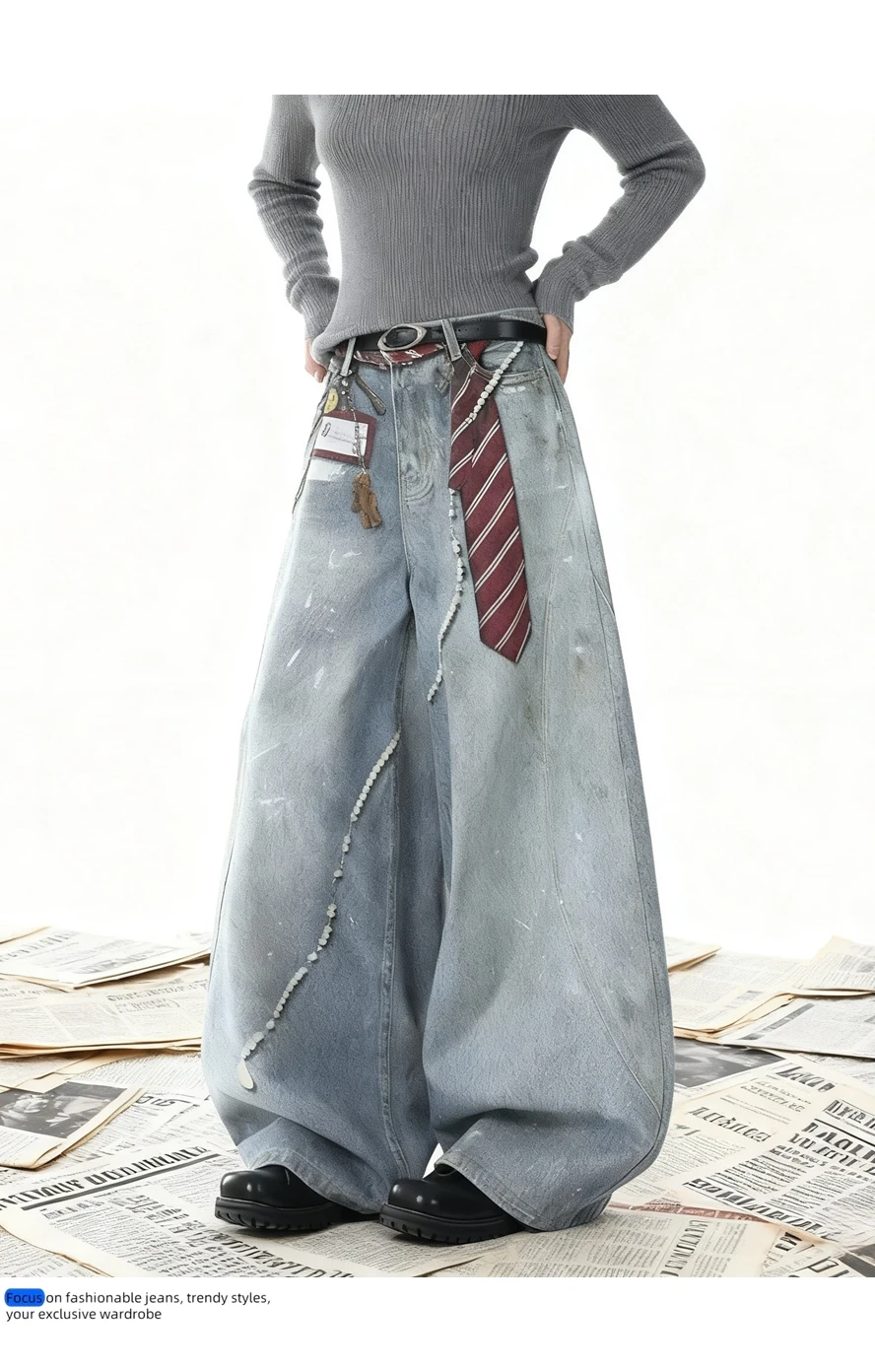 CHIC Street Woman Jeans Tie Studios Washed Denim Jeans Women Cargo Pants High Waist Casual Wide Leg Trousers for Men Female