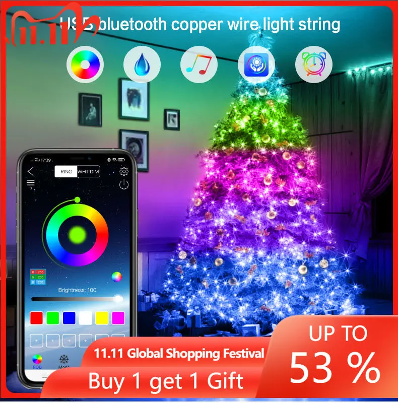 

30M LED Christmas Fairy Lights String Smart Bluetooth Garland RGBIC Music Rhythm Chain For Outdoor Garden Party Room Decoration