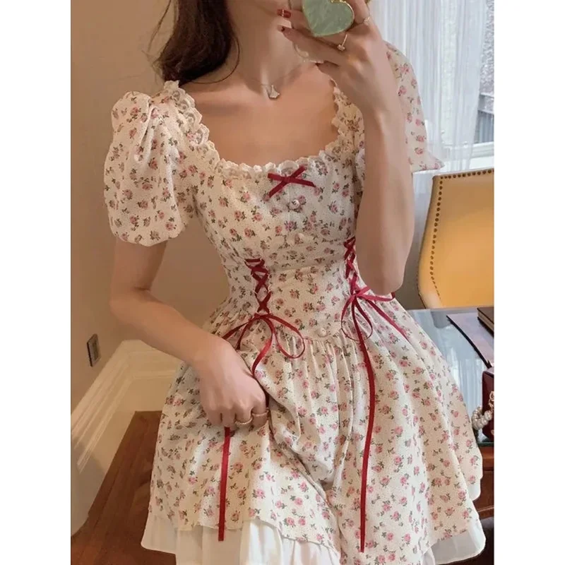 

2024 Summer Small Fresh Gentle Floral Dress Summer Sweet Bubble Sleeve Bow Tie Princess Dress Lace Ruffle Temperament Dress