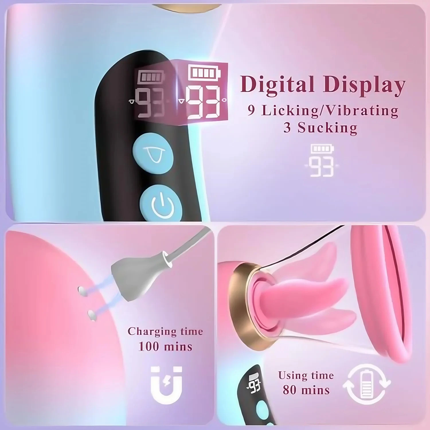 Mehrfarbig geformter 5-in-1-Vibrator für Frauen, 3 Zungenleckfunktionen, LCD-Display, abnehmbarer Klitorisstimulator, Sexspielzeug für Erwachsene