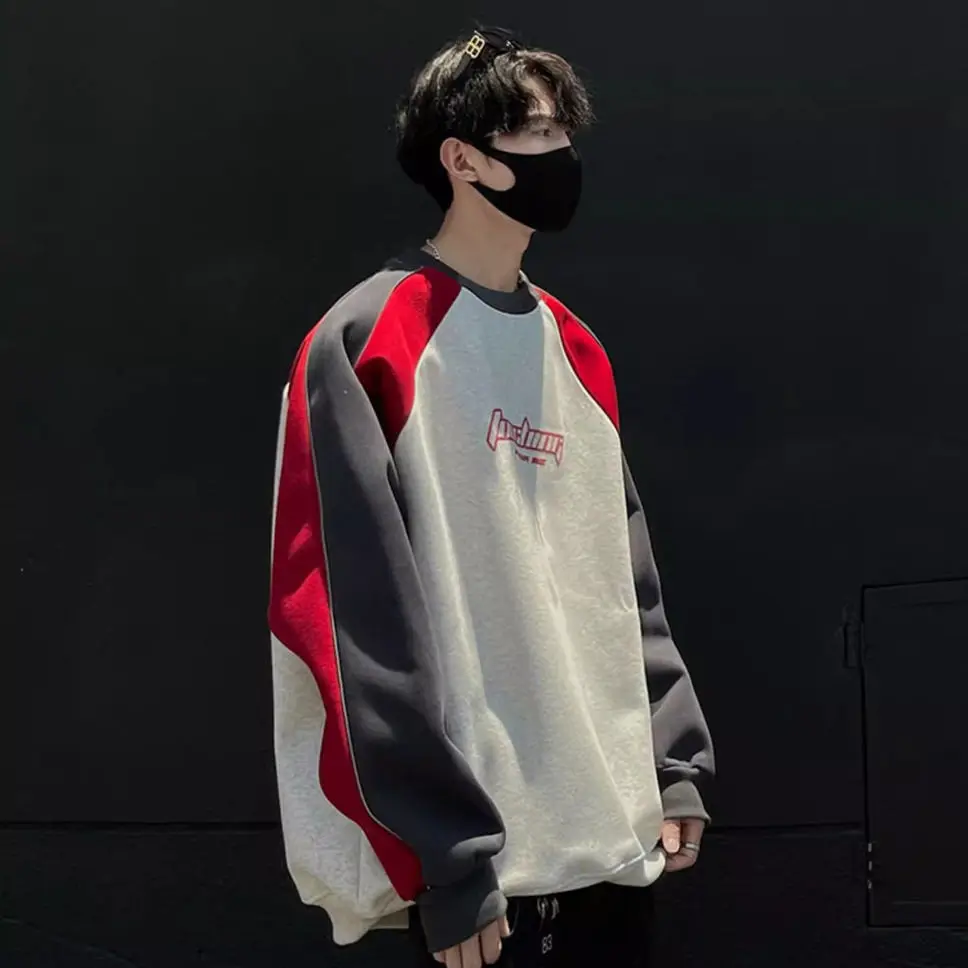 

Trendy Personality Korean Motorcycle Style Round Neck Sweatshirt Men 2024 Spring Autumn Niche Contrasting Color Pullover Hot Top