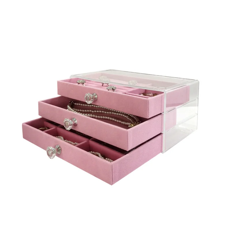 

3 Layer Acrylic Jewelry Storage Box Dust-Proof Earrings Ring Storage Case Beige/grey Velvet Tray Clear Drawer Bracelet Packaging