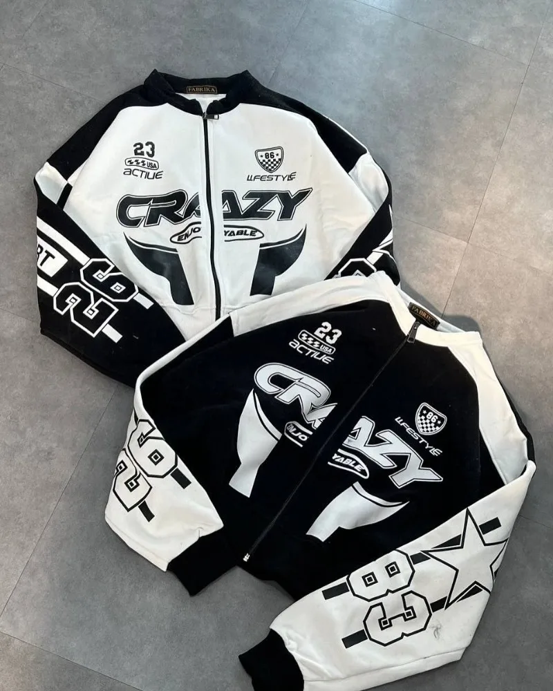 American Street Impiombato ​ ​ Giacca con cerniera senza colletto stampato casual oversize top slim retrò hip-hop cappotti di marca di moda da donna