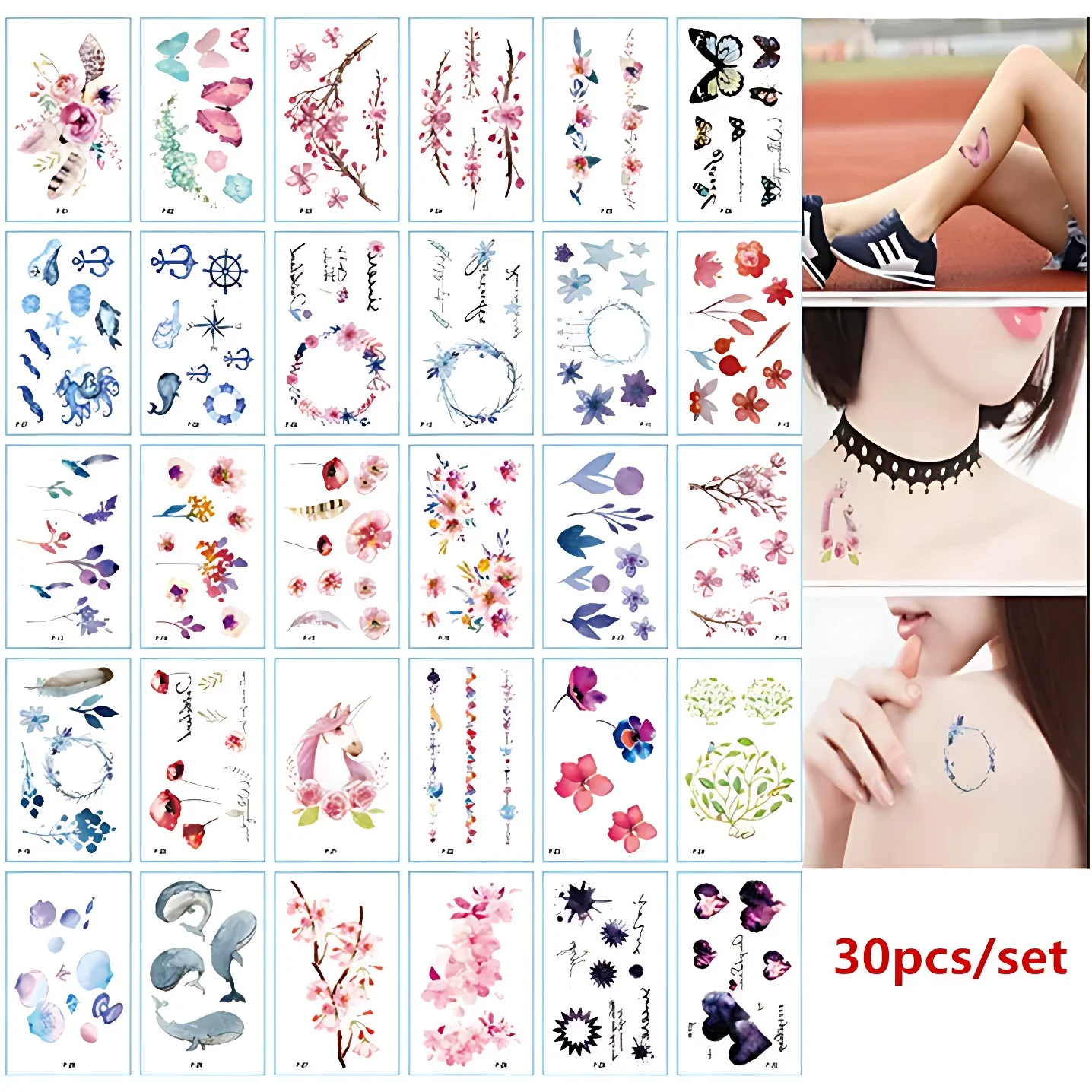 30pcs/pack Colorful Tattoo Temporary for Women Girls Breasts Belly Neck Leg Whale Butterfly Flower Garland Waterproof Tattoos