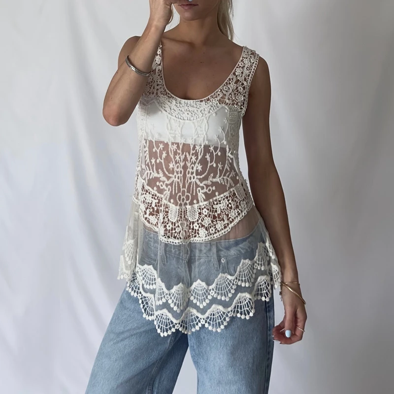 Women's Floral Embroidery Short Mini Dress Cover-ups Deep Square Neck Mesh Sheer See-through Ruffle Hem Flare Tank Top Vest