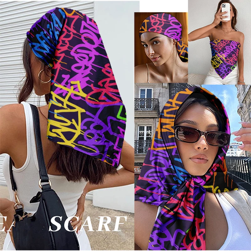 

90x90cm Colorful Graffiti Square Scarf, Satin Bandana for Men Women,Street Style Head Wrap Neck Scarf,Y2K Hip Hop Hair Accessory