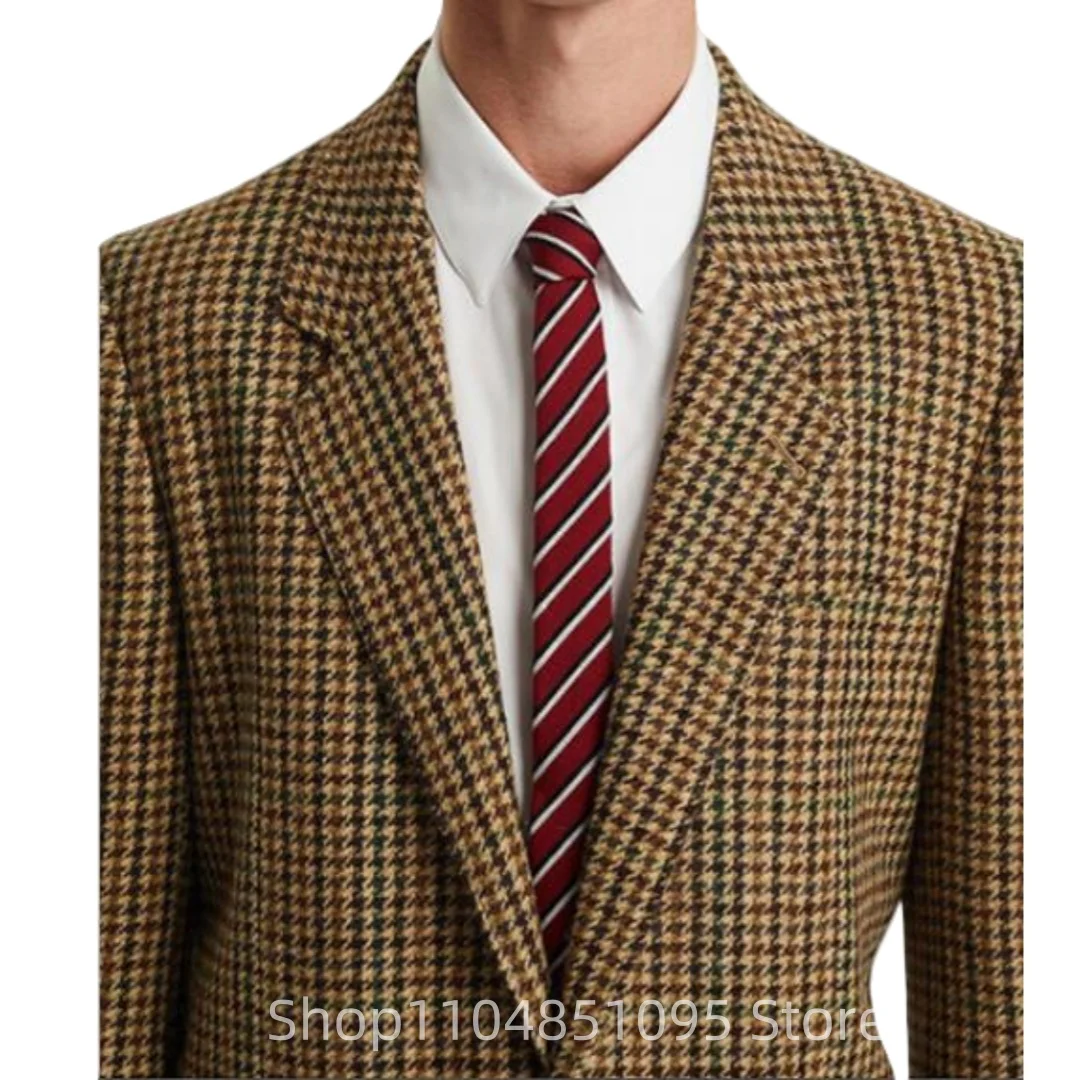 

Коричневая мужская куртка с узором «гусиные лапки», однобортный приталенный клетчатый костюм с лацканами, пиджак для выпускного вечера, цельное свадебное/деловое пальто