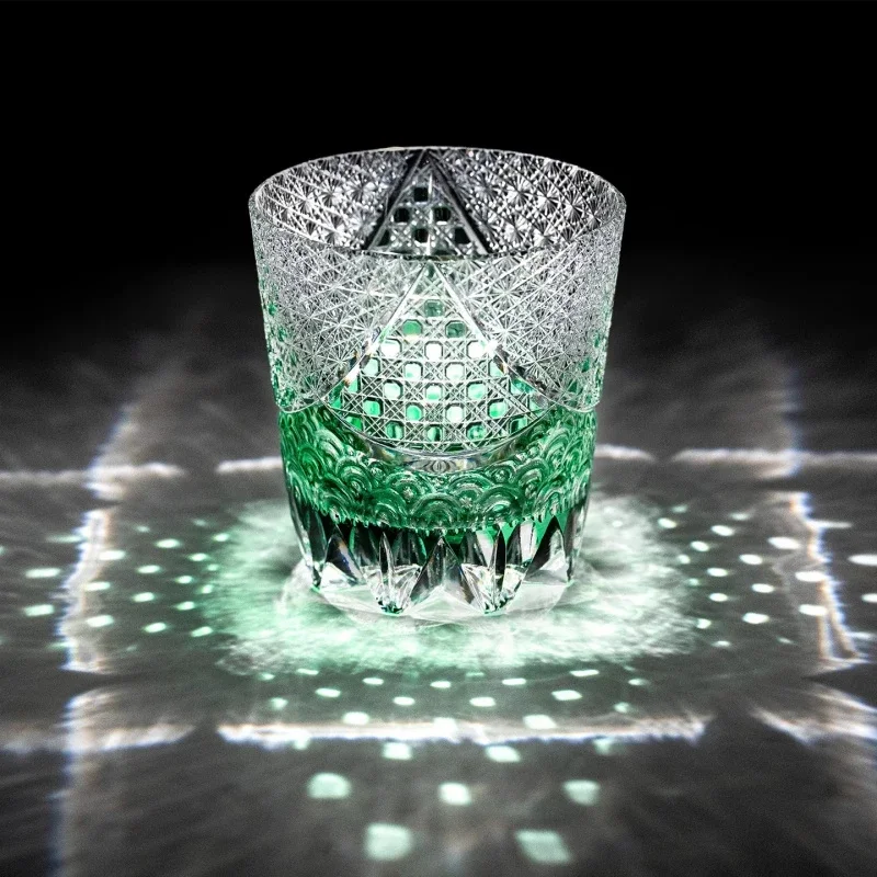 320ml High End Green Crystal Whiskey Glass Japanese Edo Kiriko Hand Carved Sea Wave Pattern Luxury Artwork For Home Barware