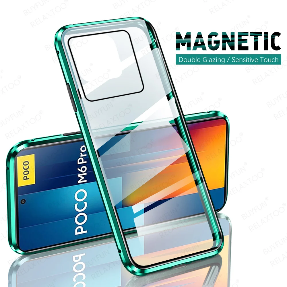 For Xiaomi Poco M6 Pro 4G Case 360° Magnetic Flip Double Sided Tempered Glass Cover Poko Little M6Pro PocoM6 Pro PocoM6Pro Funda