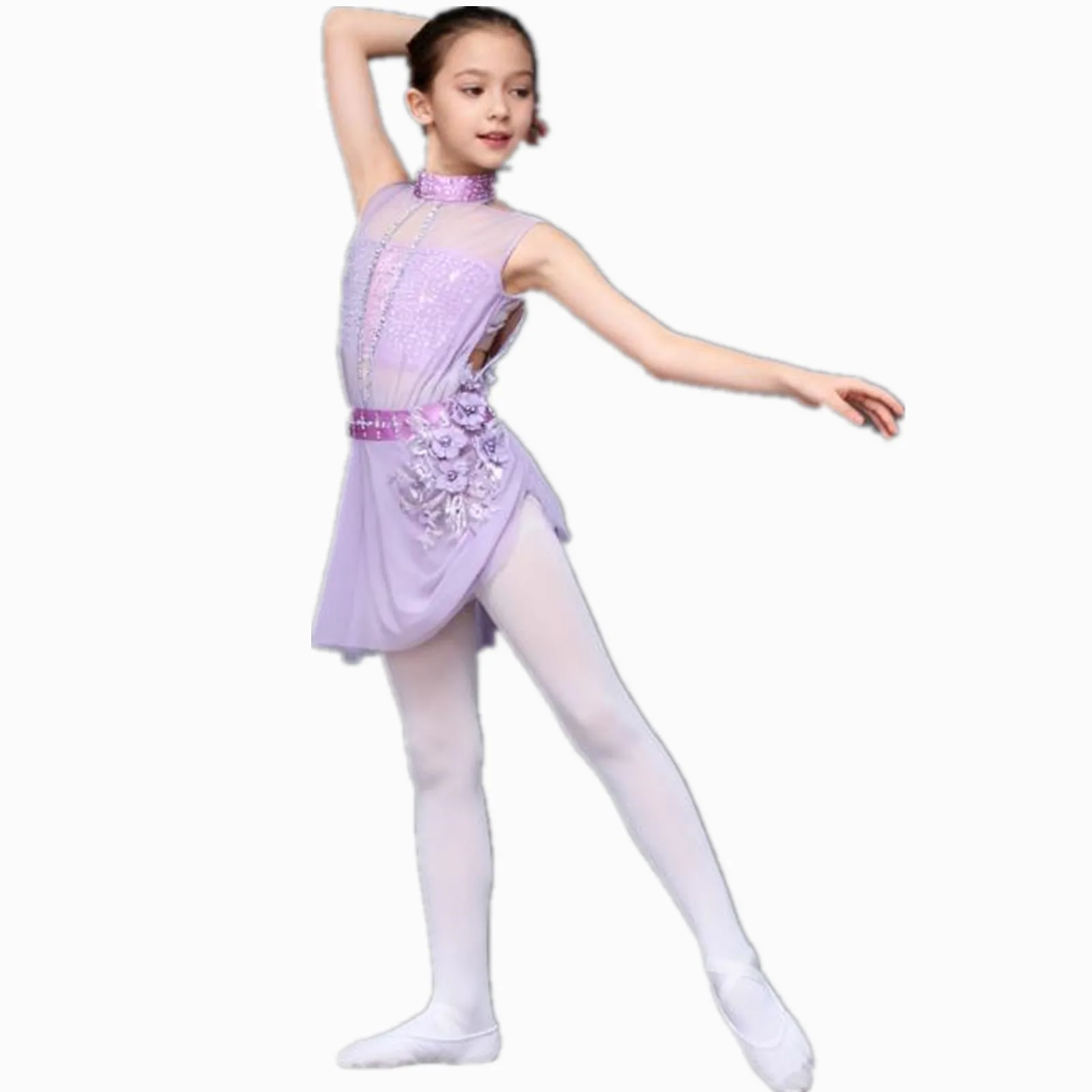 Crianças meninas patinação artística ballet dança desempenho traje brilhante strass pura malha dança lírica sobreposição vestido dancewear