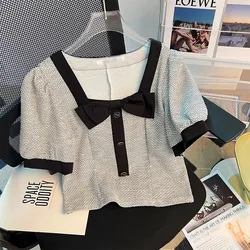 Women Blouse Summer Crop Top Square Collar Shirts Blusas Mujer Korean Chemises Camisas Femme Sexy 2024 Chic Bow Feminina