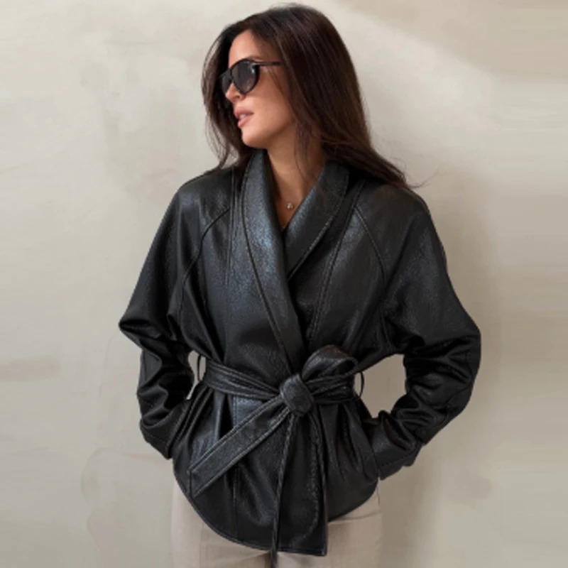 HXAO Women's Cropped Pu Leather Jacket Autumn 2026 Chic Black Oversized Belt Long Sleeve Outerwears Office Business Commute Coat