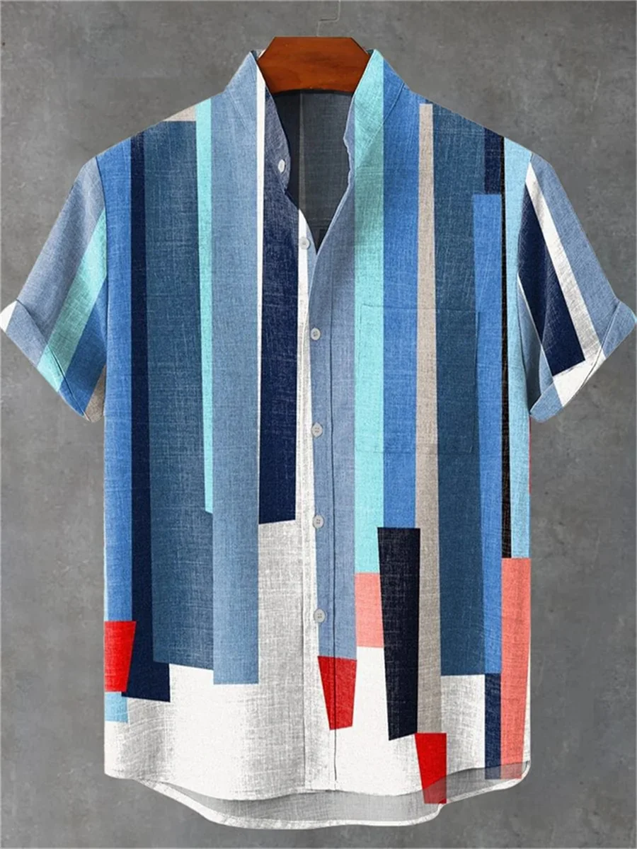 New summer new multicolor geometric stripes 3D printing casual fashion linen men's stand collar large size short shirt