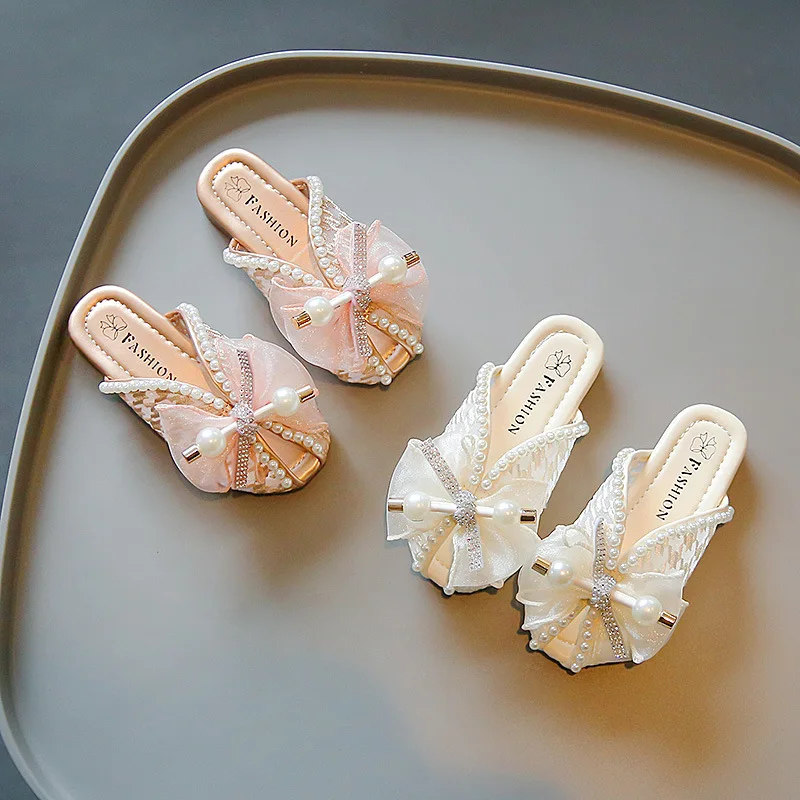 2026 summer new children's shoes girls' lace soft breathable casual princess children's beach slippers sweet pearl bow